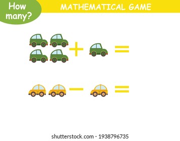 mathematical examples of addition and subtraction with colored cars