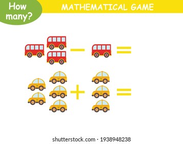 mathematical examples of addition and subtraction with colored cars