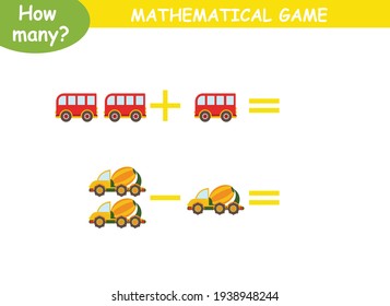 mathematical examples of addition and subtraction with colored cars