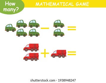 mathematical examples of addition and subtraction with colored cars