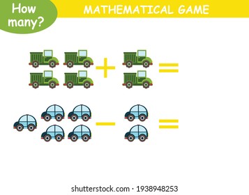 mathematical examples of addition and subtraction with colored cars
