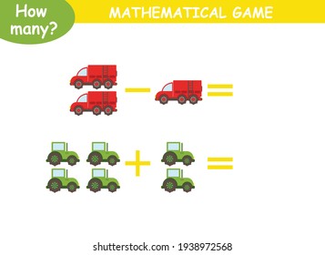 mathematical examples of addition and subtraction with colored cars