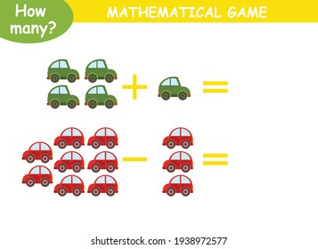 mathematical examples of addition and subtraction with colored cars