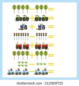 mathematical examples of addition and subtraction with colored cars