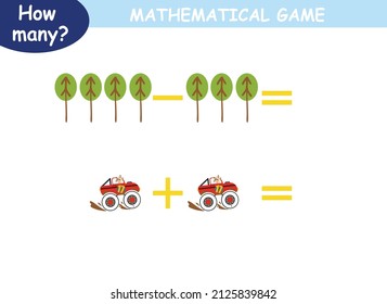 mathematical examples of addition and subtraction with colored cars