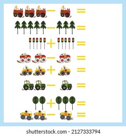 mathematical examples of addition and subtraction with colored cars