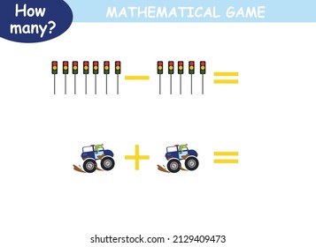 mathematical examples of addition and subtraction with colored cars
