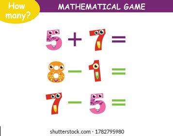 mathematical examples of addition and subtraction with cute monsters. educational page for children.