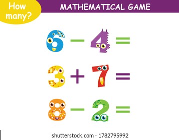 mathematical examples of addition and subtraction with cute monsters. educational page for children.