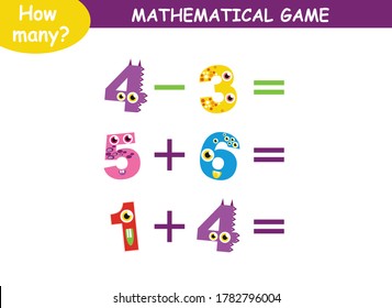 mathematical examples of addition and subtraction with cute monsters. educational page for children.