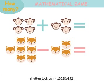 mathematical examples of addition and subtraction with cute animals. educational page for children.