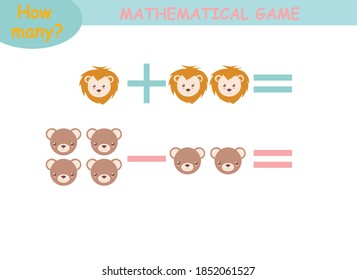 mathematical examples of addition and subtraction with cute animals. educational page for children.