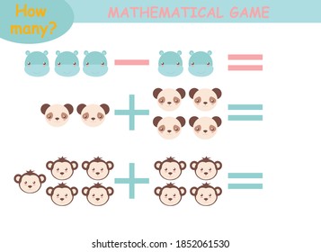 mathematical examples of addition and subtraction with cute animals. educational page for children.