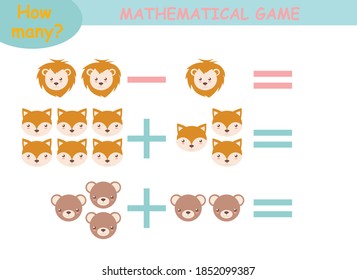 mathematical examples of addition and subtraction with cute animals. educational page for children.