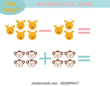 mathematical examples of addition and subtraction with cute animals. educational page for children.