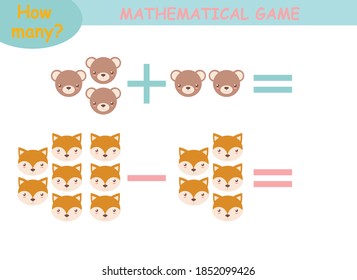 mathematical examples of addition and subtraction with cute animals. educational page for children.
