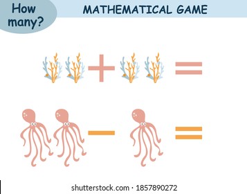 ejemplos matemáticos de adición y sustracción. página educativa para niños. mundo marino