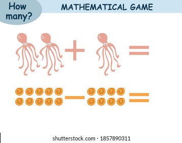 mathematical examples of addition and subtraction. educational page for children. sea world