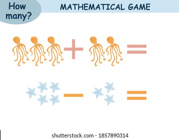 mathematical examples of addition and subtraction. educational page for children. sea world