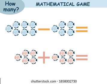 ejemplos matemáticos de adición y sustracción. página educativa para niños. mundo marino