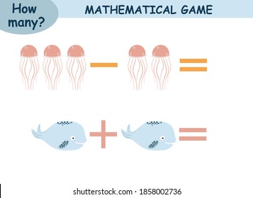 mathematical examples of addition and subtraction. educational page for children. sea world