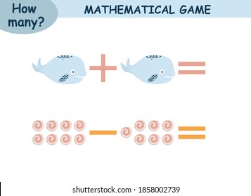 mathematical examples of addition and subtraction. educational page for children. sea world