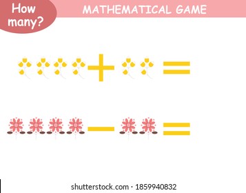 mathematical examples of addition and subtraction. educational page for children.colored flowers
