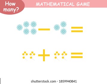 mathematical examples of addition and subtraction. educational page for children.colored flowers
