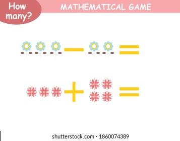mathematical examples of addition and subtraction. educational page for children.colored flowers