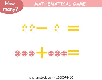 mathematical examples of addition and subtraction. educational page for children.colored flowers