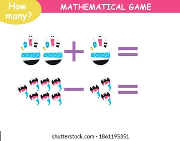 mathematical examples of addition and subtraction. educational page for children. cute aliens