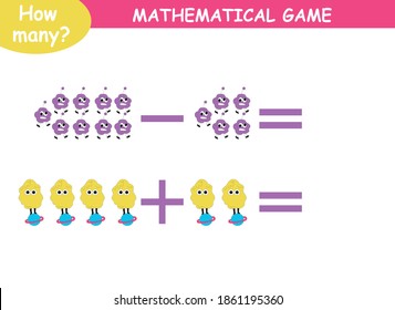 mathematical examples of addition and subtraction. educational page for children. cute aliens