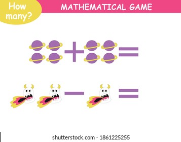 mathematical examples of addition and subtraction. educational page for children. cute aliens