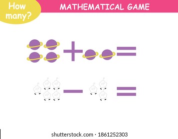 mathematical examples of addition and subtraction. educational page for children. cute aliens