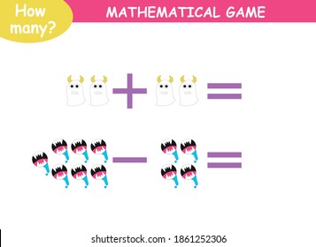 mathematical examples of addition and subtraction. educational page for children. cute aliens