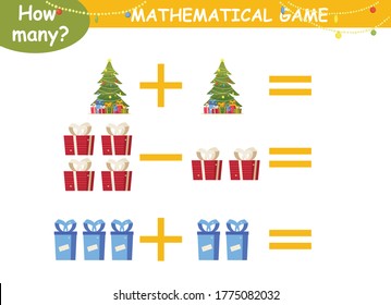 mathematical examples for children for addition and subtraction with a Christmas tree, gifts, balls and flashlights