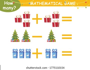 ejemplos matemáticos para niños para adición y sustracción con un árbol de Navidad, regalos, bolas y linternas