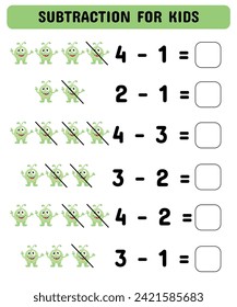 Ejemplos matemáticos de sustracción con monstruos lindos. Hoja imprimible para preescolares. Ilustración del vector