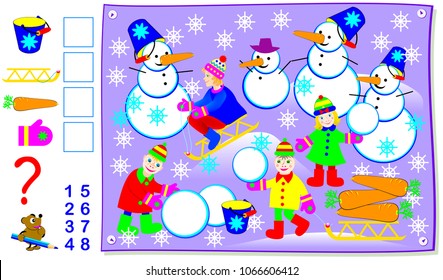 Mathematical exercise for kids. Count the quantity of objects and write the numbers in the squares. Vector cartoon image.