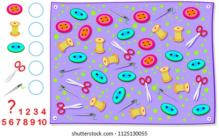 Mathematical exercise for kids. How many objects you can find in the picture? Count the quantity and write the numbers in the circles. Vector cartoon image.