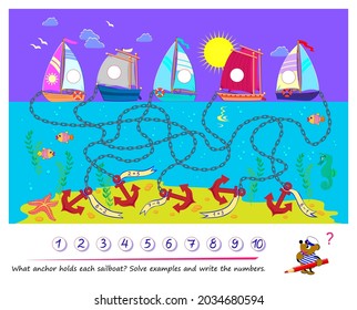 Mathematical exercise on addition and subtraction with maze for little children. What anchor holds each sailboat? Solve examples and write the numbers. Printable worksheet for kids school textbook.