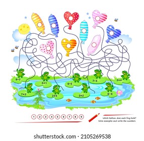 Mathematical exercise on addition and subtraction with maze for little children. Which balloon does each frog hold? Solve examples and write the numbers. Printable worksheet for kids school textbook.