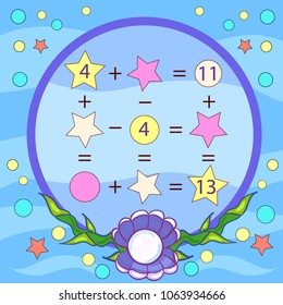 Mathematical exercise on cartoon sea background with pearl. Solve a mathematical problem. Children funny riddle entertainment. Kids game and activities jigsaw. Vector illustration.