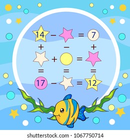 Mathematical exercise on cartoon sea background with cute fish. Children game and activity page. Solve a mathematical problem. Kids funny riddle entertainment. Children game and activities jigsaw.