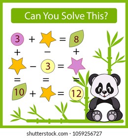 Mathematical exercise on sea background with cute panda. Solve a mathematical problem. Children funny riddle entertainment. Kids game and activities jigsaw. Vector illustration.