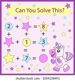 Mathematical exercise on sea background with cute unicorn. Solve a mathematical problem. Children funny riddle entertainment. Kids game and activities jigsaw. Vector illustration.