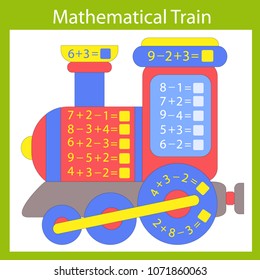 Mathematical exercise with train. Children game and activity page. Solve a mathematical problem. Kids funny riddle entertainment. Vector activities jigsaw.