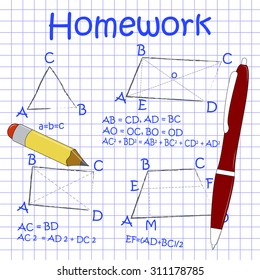 mathematical figures and formulas. homework on notebook sheet. Doodle