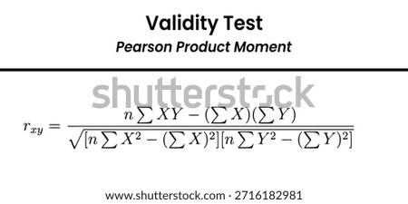 A mathematical formula for the Pearson Product Moment Correlation Coefficient, labeled as a Validity Test.