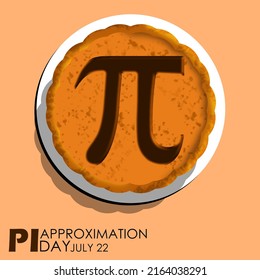 A mathematical formula symbol named Pi is decorated on a pie served on a white plate with bold text on light brown background, Pi Approximation Day July 22